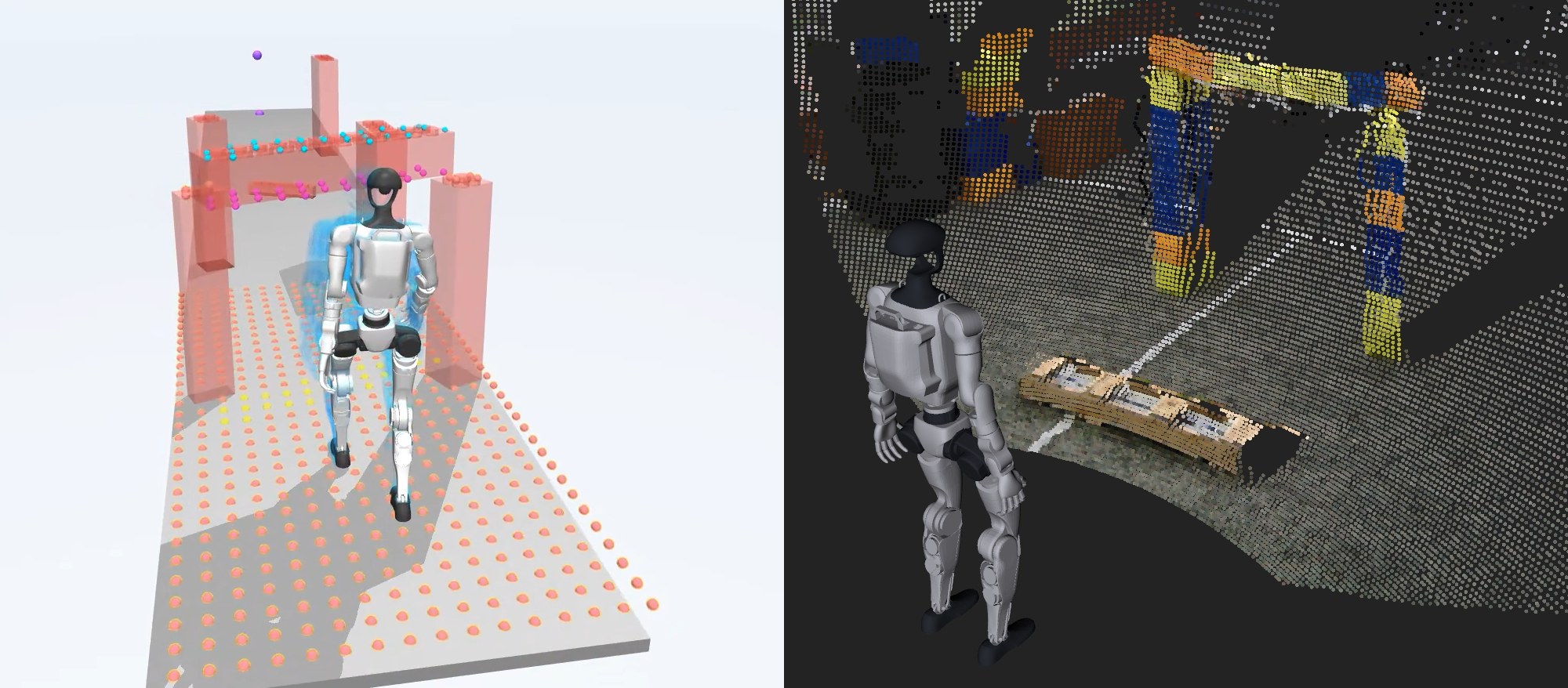 Simulated G1 under a block arch beside onboard LiDAR reconstruction of a real arch and pallet