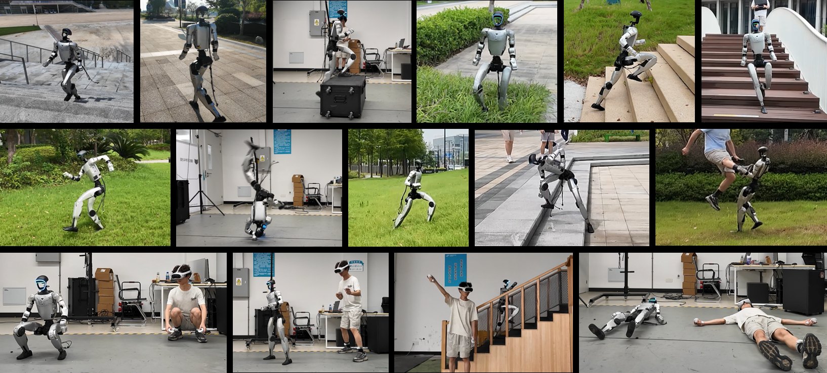 Unitree G1 running stairs, grass, a box climb, cartwheel, and VR teleop under one PGMT policy