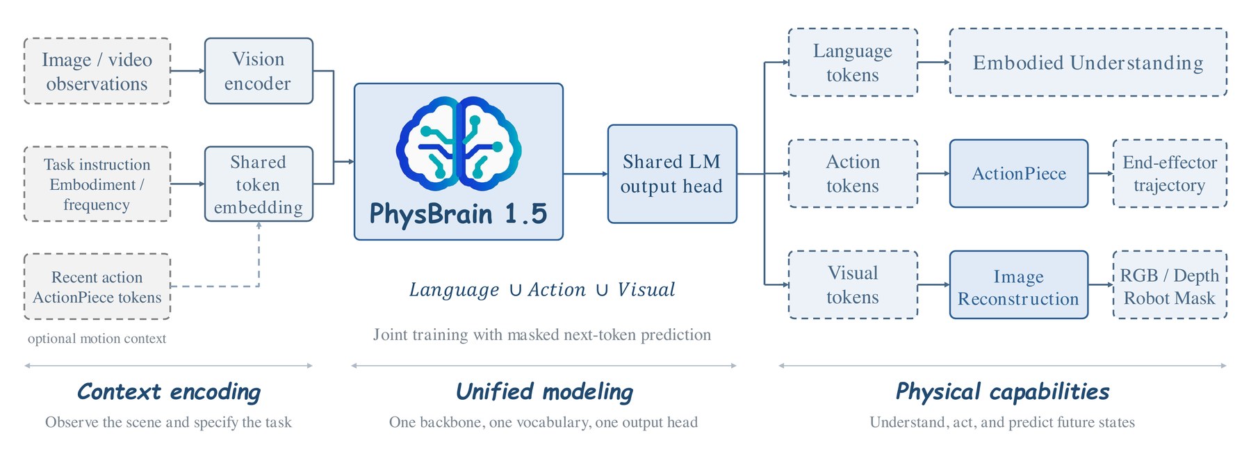 PhysBrain 1.5 architecture: context encoding, unified modeling, then language, action, and visual outputs