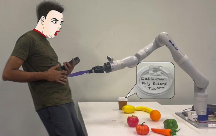 Cartoon teaser of a person startled as a robot arm approaches with a coffee cup and handwritten lid note