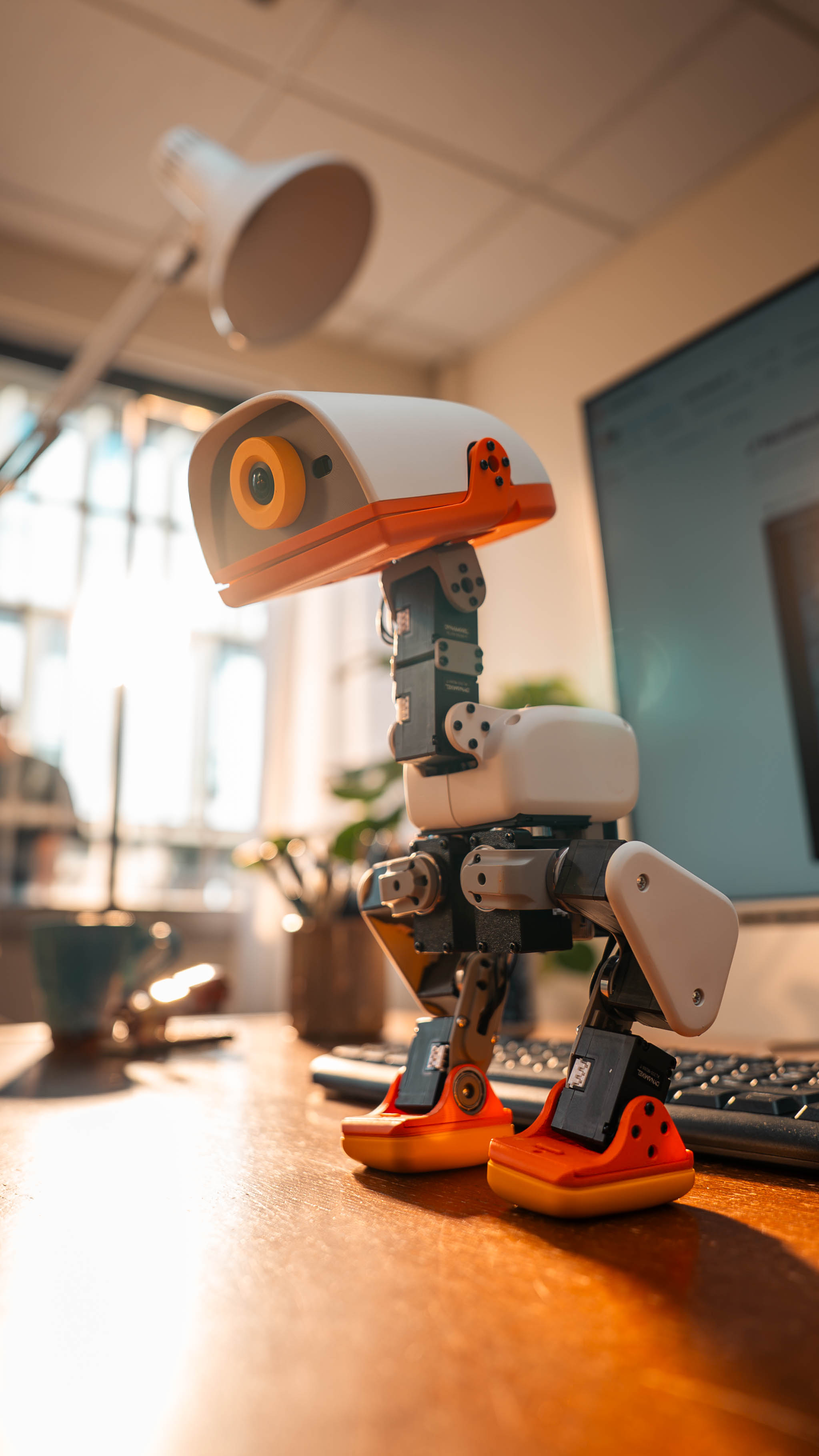 Cream-and-orange Microduck standing on a wooden desk in front of a monitor