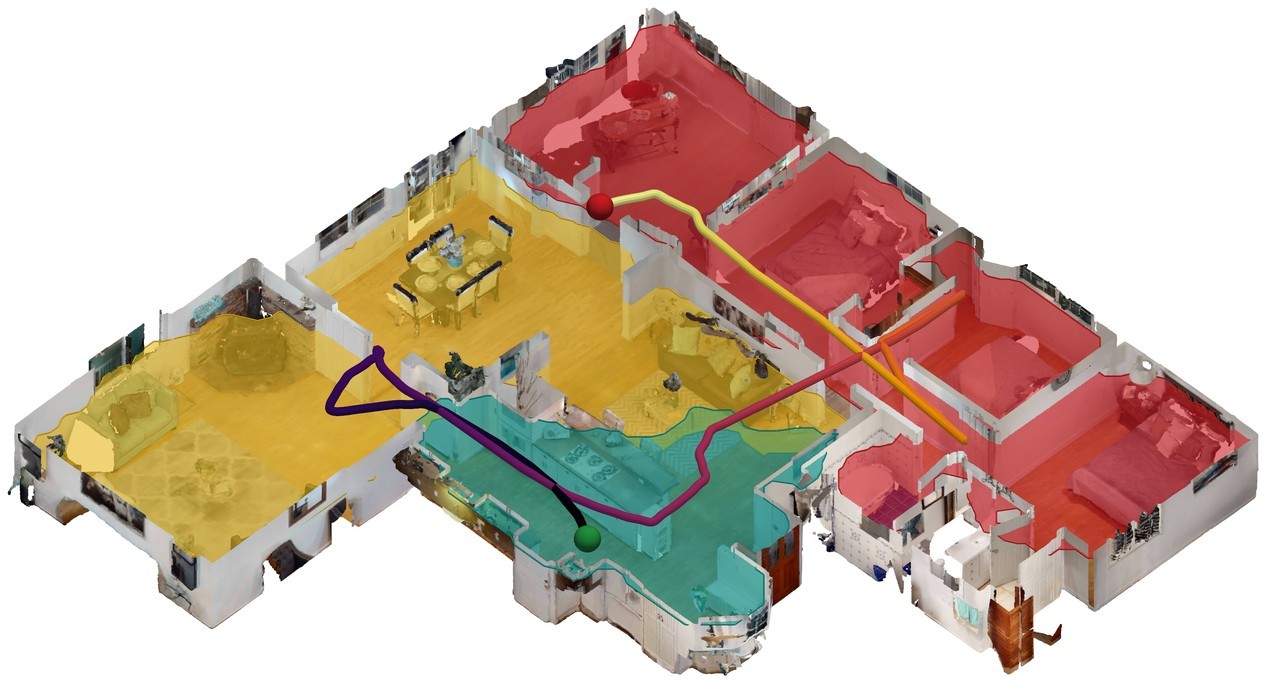 3D floor plan with colored functional regions and robot path traces