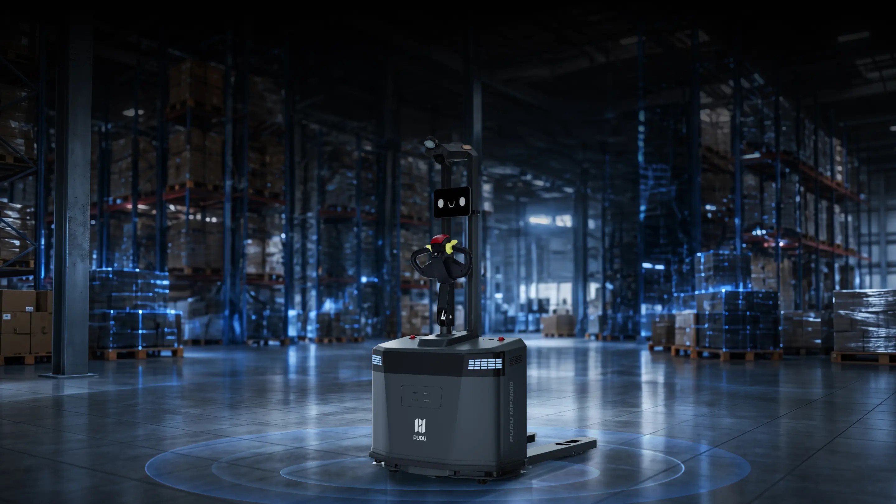 Pudu MP2000 in a warehouse with a sensor ring drawn on the floor