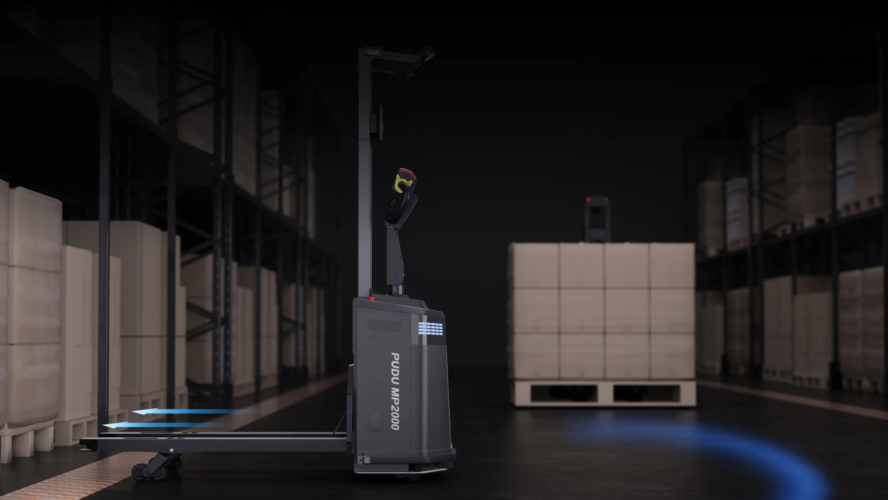 Side view of the MP2000 with forks extended toward a pallet of boxes