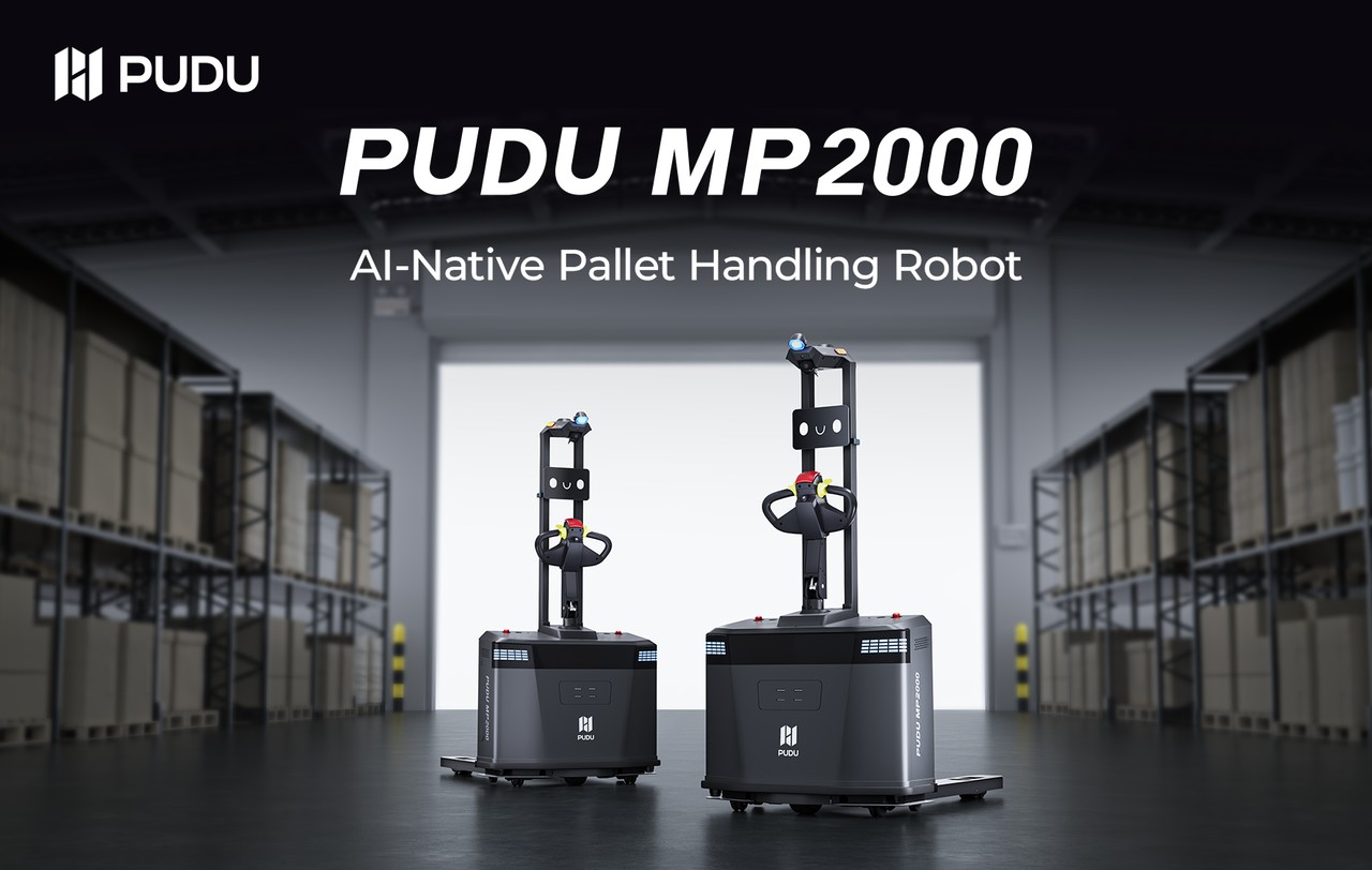 Two Pudu MP2000 pallet-handling robots in a warehouse render