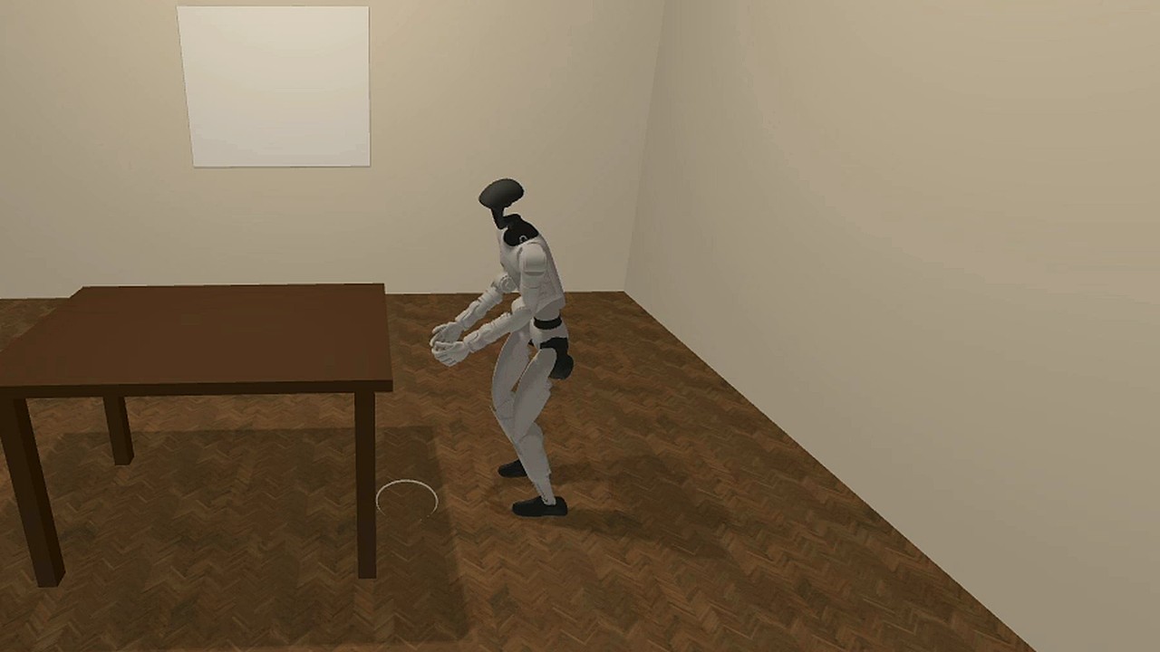 Simulated humanoid reaching toward a table after an object-drop event