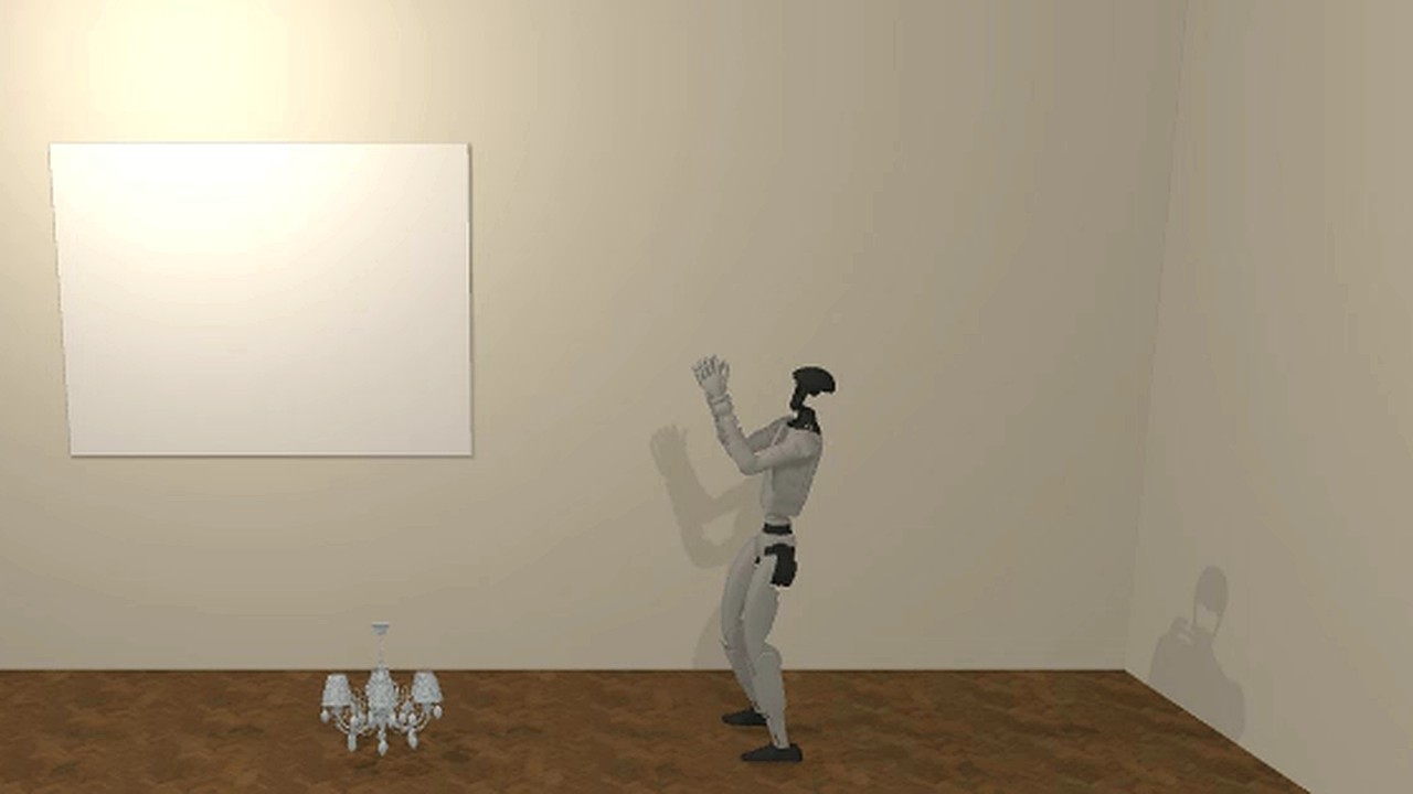 Simulated humanoid raising its arms as a chandelier lies on the floor