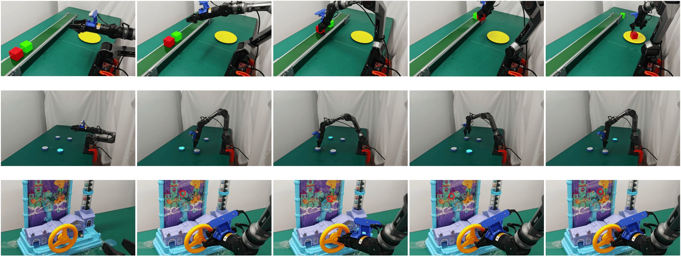 Real-world ReflexVLA rollouts on conveyor, buttons, and ball catch
