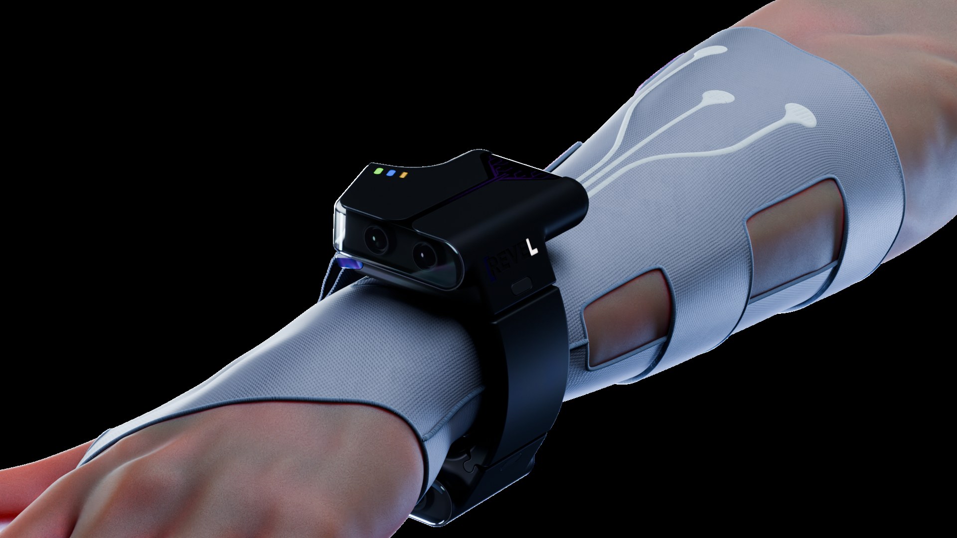 Neural Gambit forearm sleeve with dual cameras on a wrist