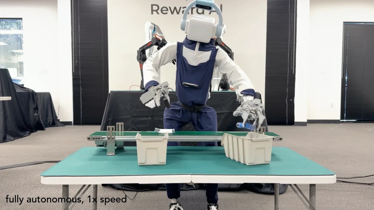 Humanoid with Omnibody Hands sorting items on a conveyor table, labeled fully autonomous 1x speed