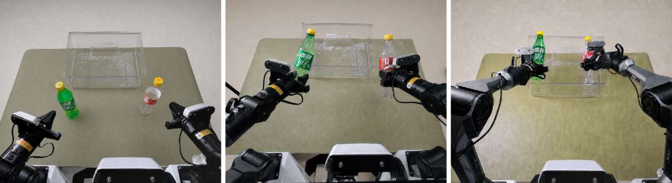 Three overhead views of a dual-arm ALOHA picking green and red bottles into a clear bin