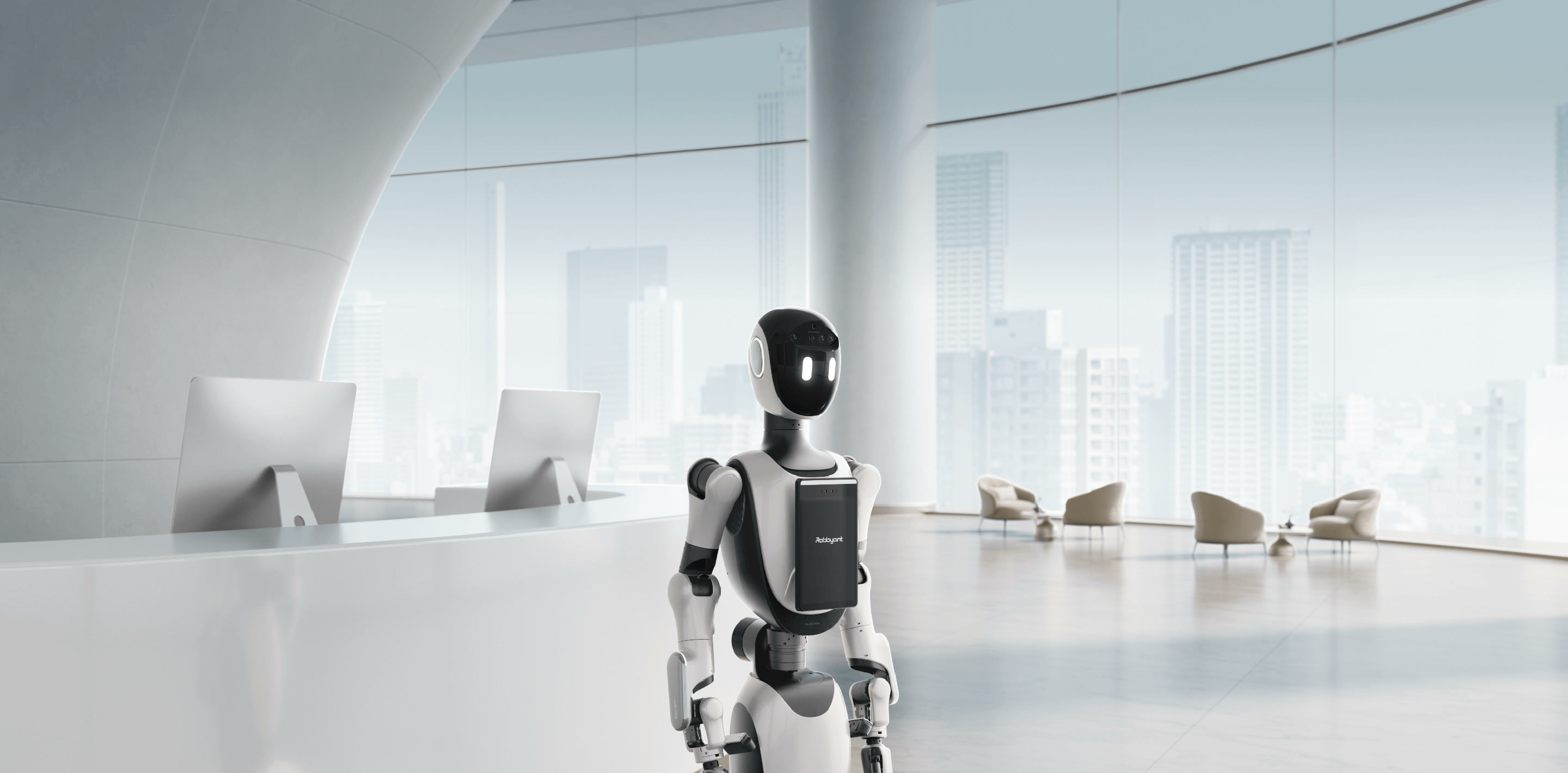 Robbyant wheeled humanoid robot in a modern lobby