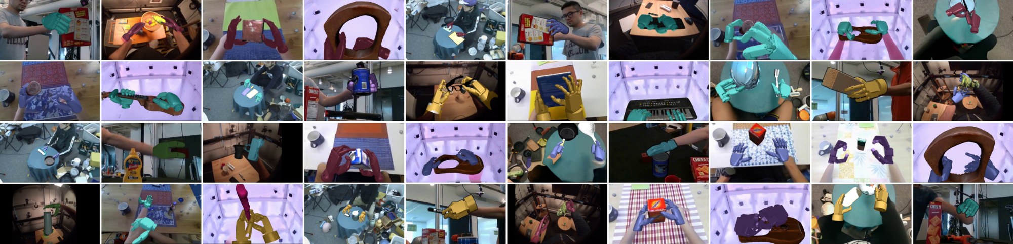 Grid of everyday manipulation clips with robot hands composited over human scenes