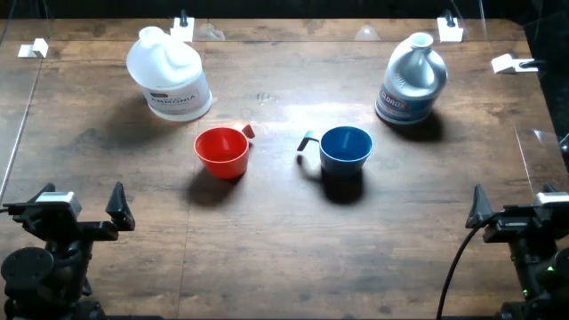 Overhead table with red and blue cups plus bleach and ammonia bottles between robot grippers