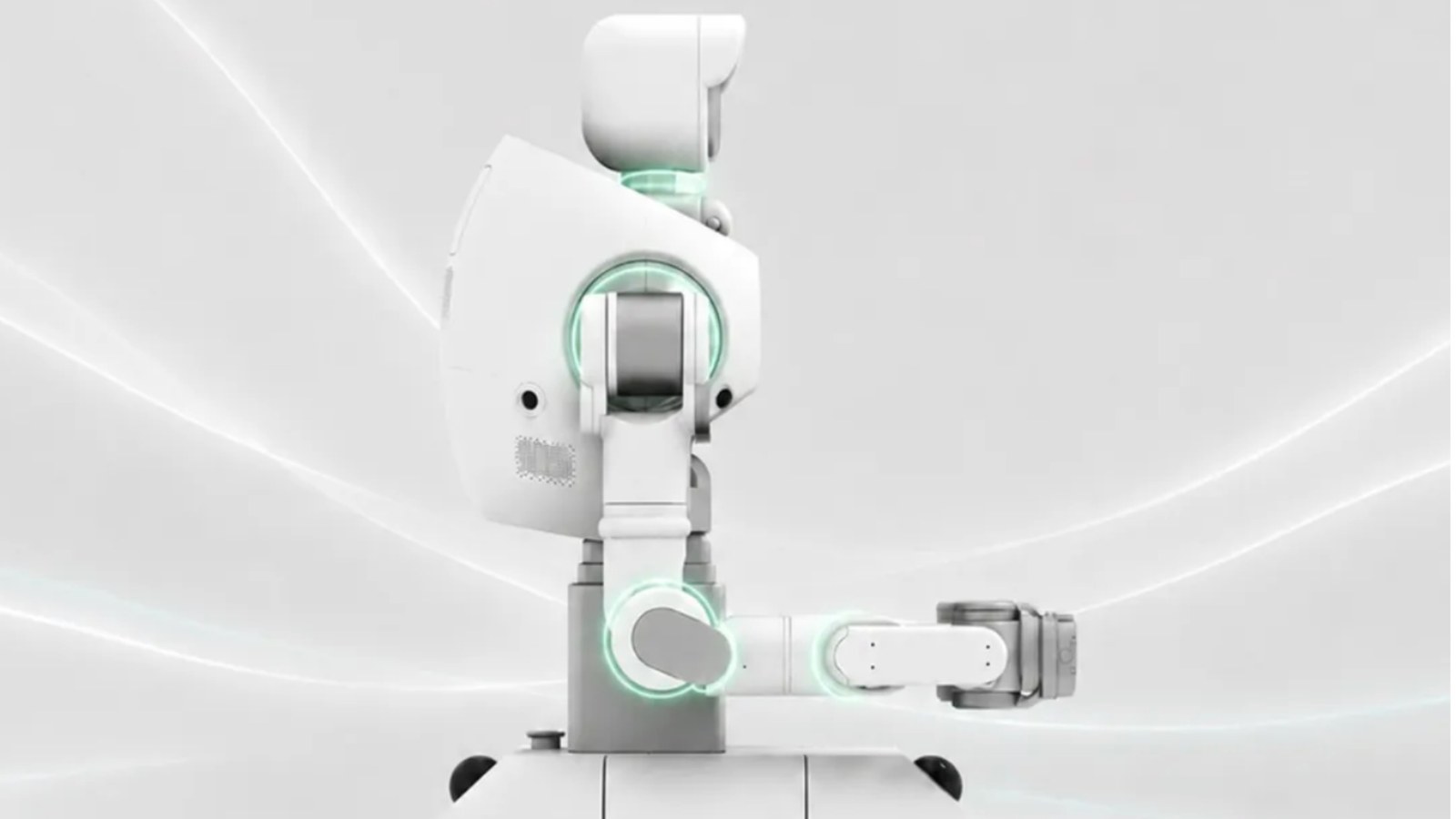 Side view of the white REX G1 wheeled humanoid with glowing green joint rings