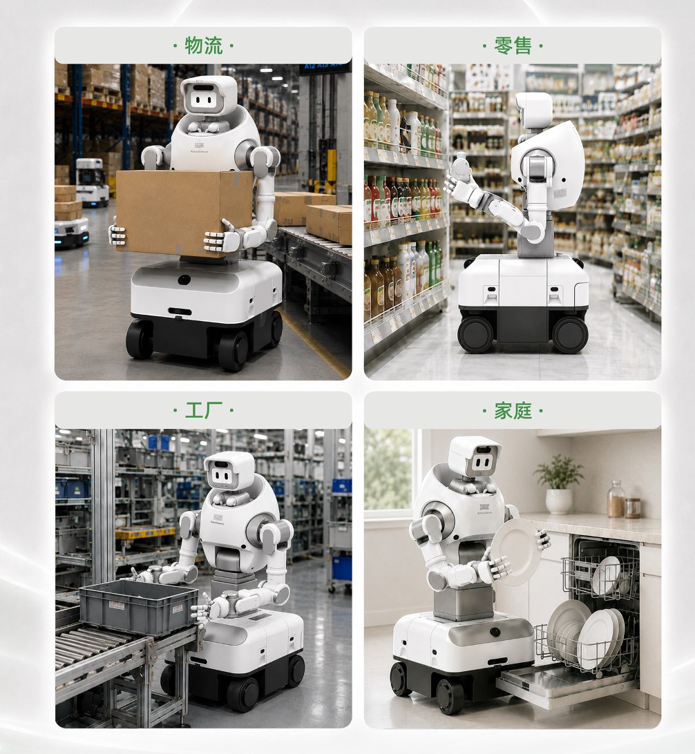 Four-panel product art of REX G1 in warehouse, retail, factory, and kitchen scenes