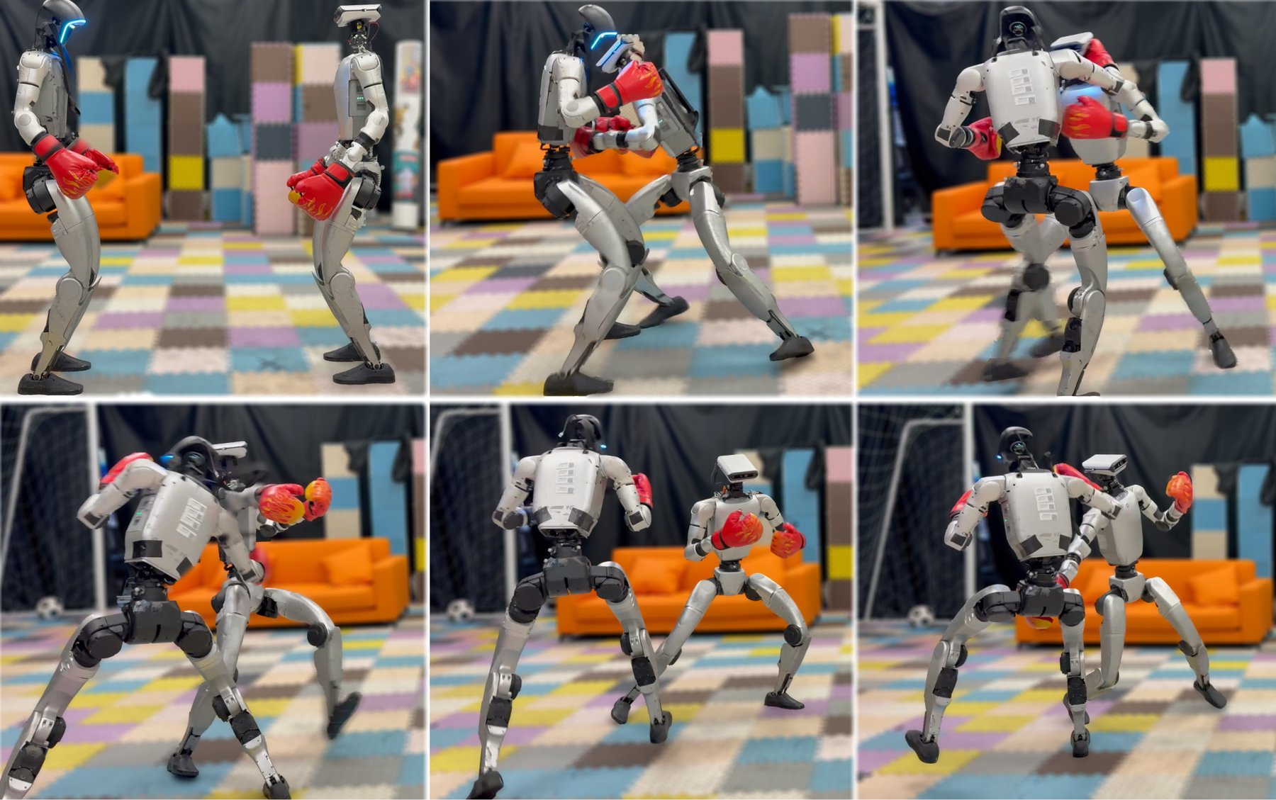 Two Unitree G1 humanoids boxing in a lab with red gloves