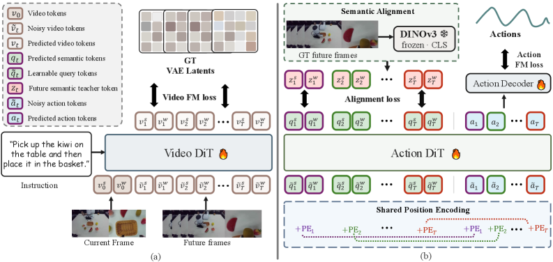 Robust-WAM architecture with query tokens and DINOv3 alignment