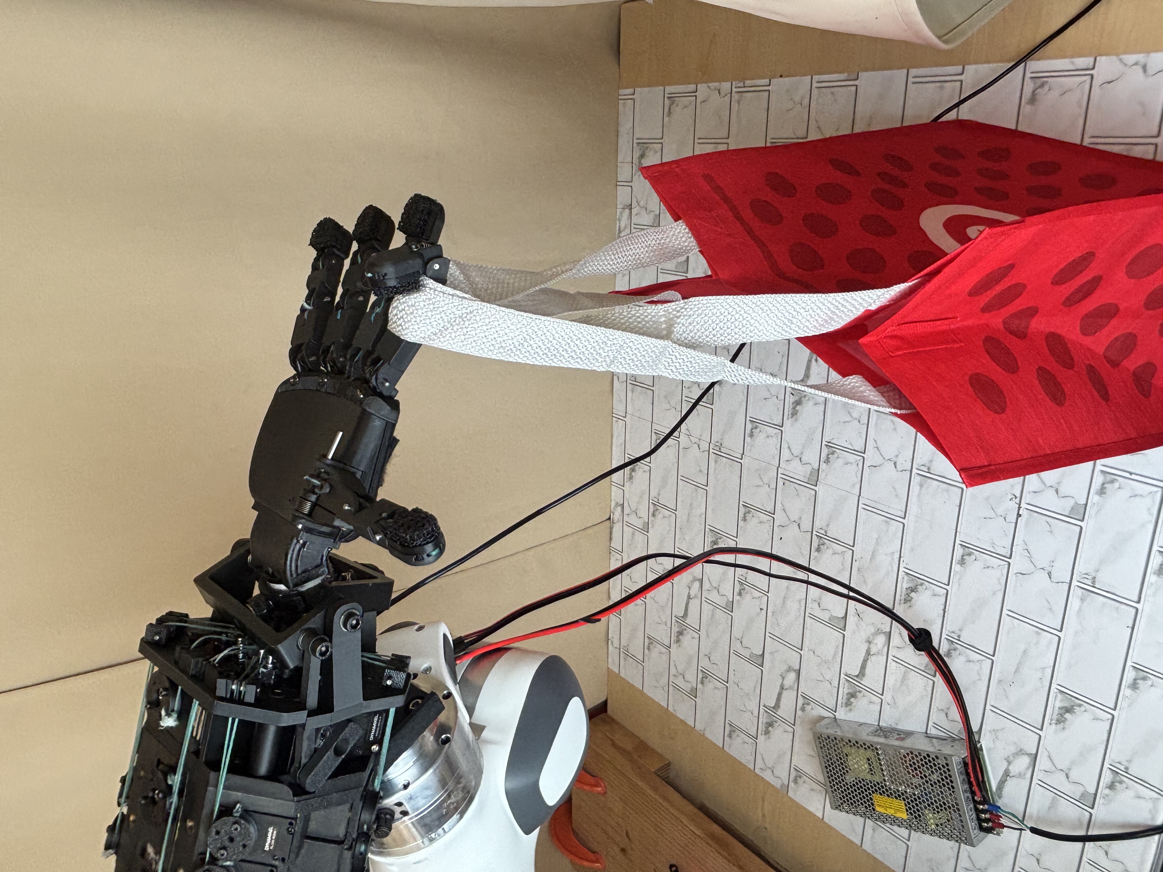 Ruka-v2 hand holding a weighted shopping bag by the handles during payload test