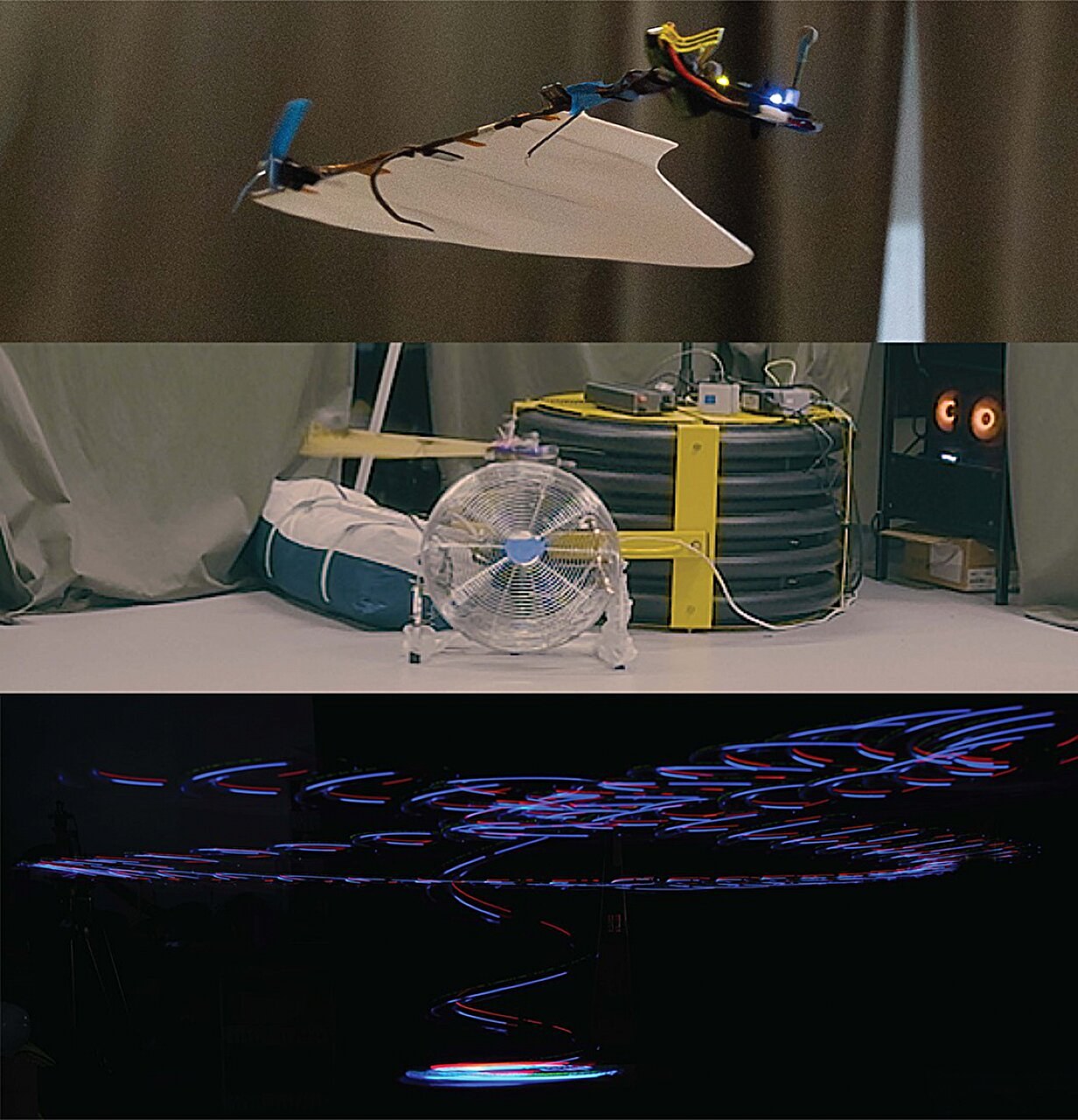 SAM monocopter in flight, a wind-fan disturbance test, and light-trail figure-eight