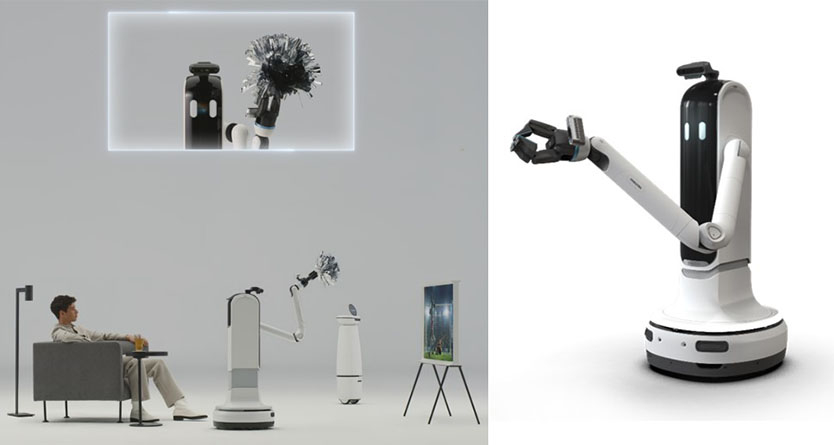 Samsung Bot Handy dusting a living room and a product shot of the wheeled arm