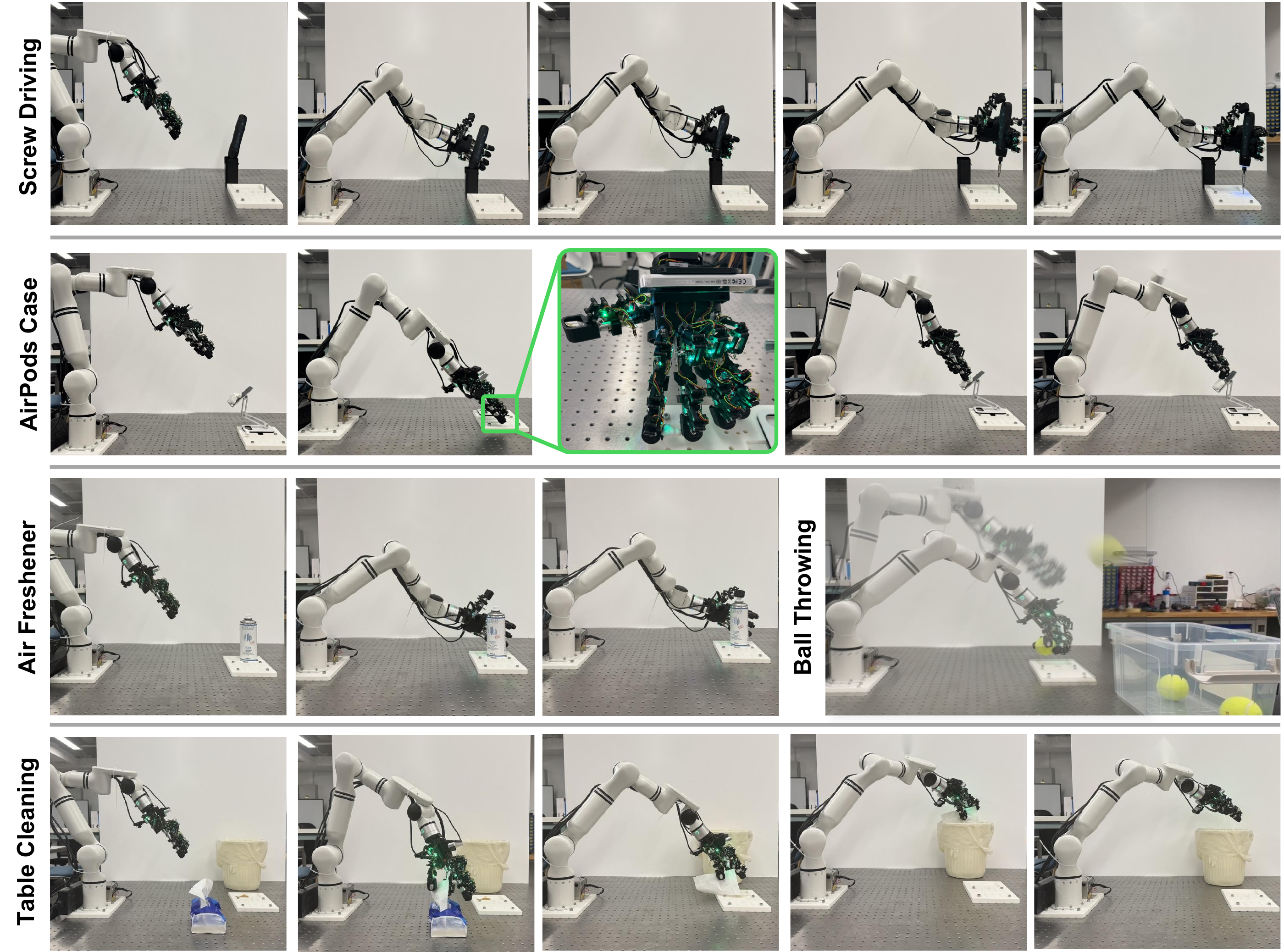 Robot rollouts for screw driving, AirPods insertion, air freshener, ball throwing, and table cleaning