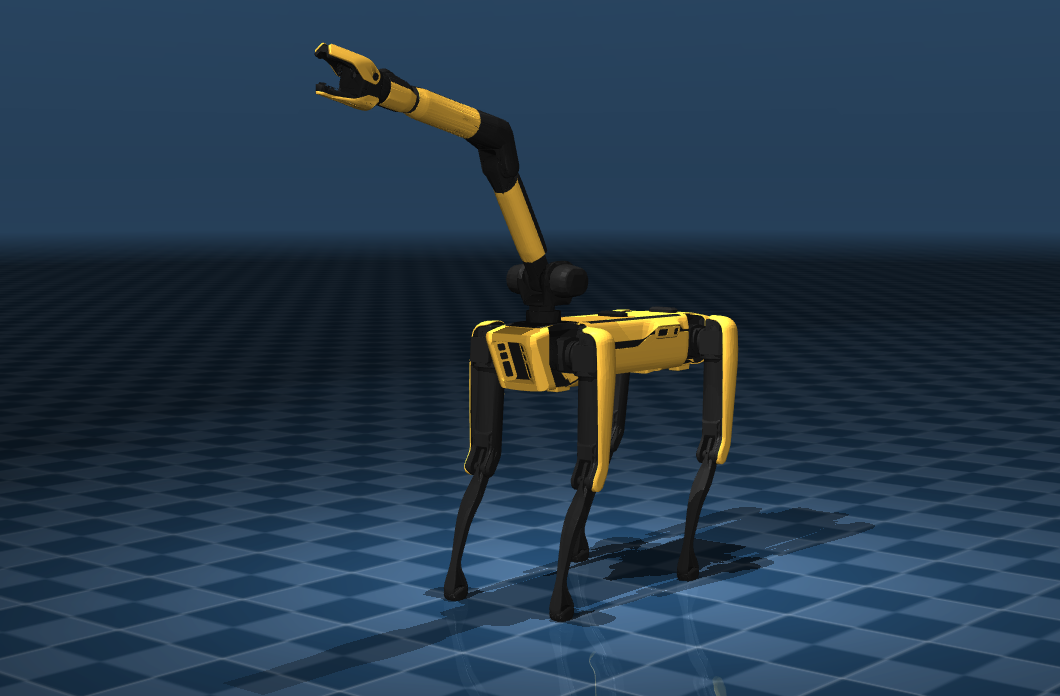 Yellow quadruped with an arm in a blue grid simulator