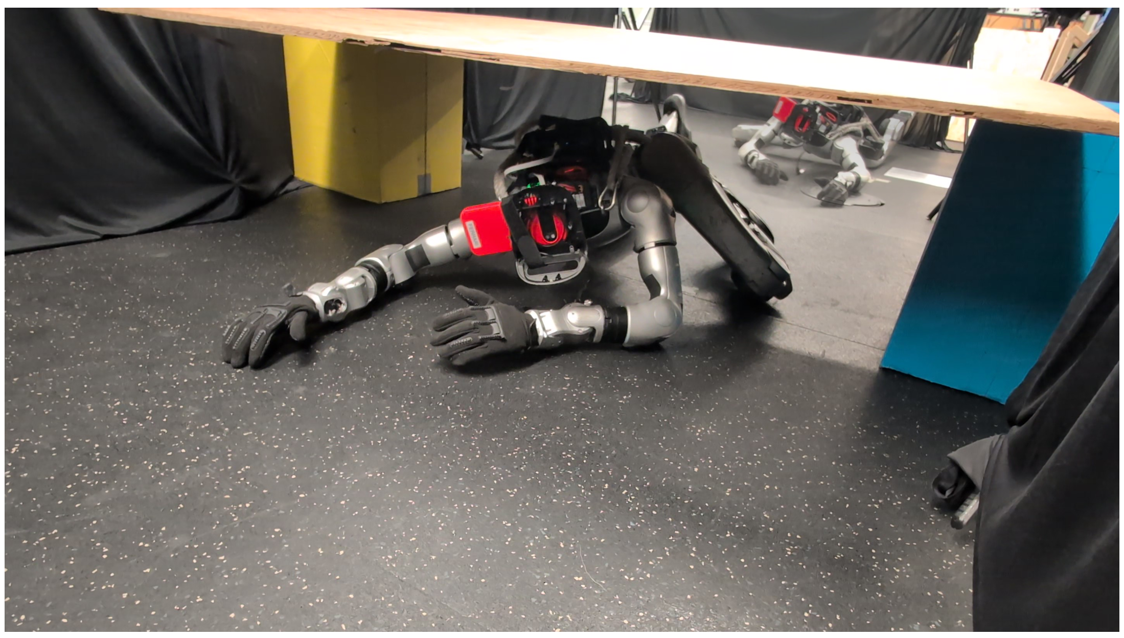 Unitree G1 crawling under a low wooden platform