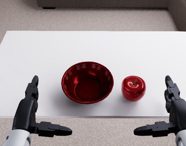 Egocentric sim pick-and-place view used in SIMPLE zero-shot transfer studies