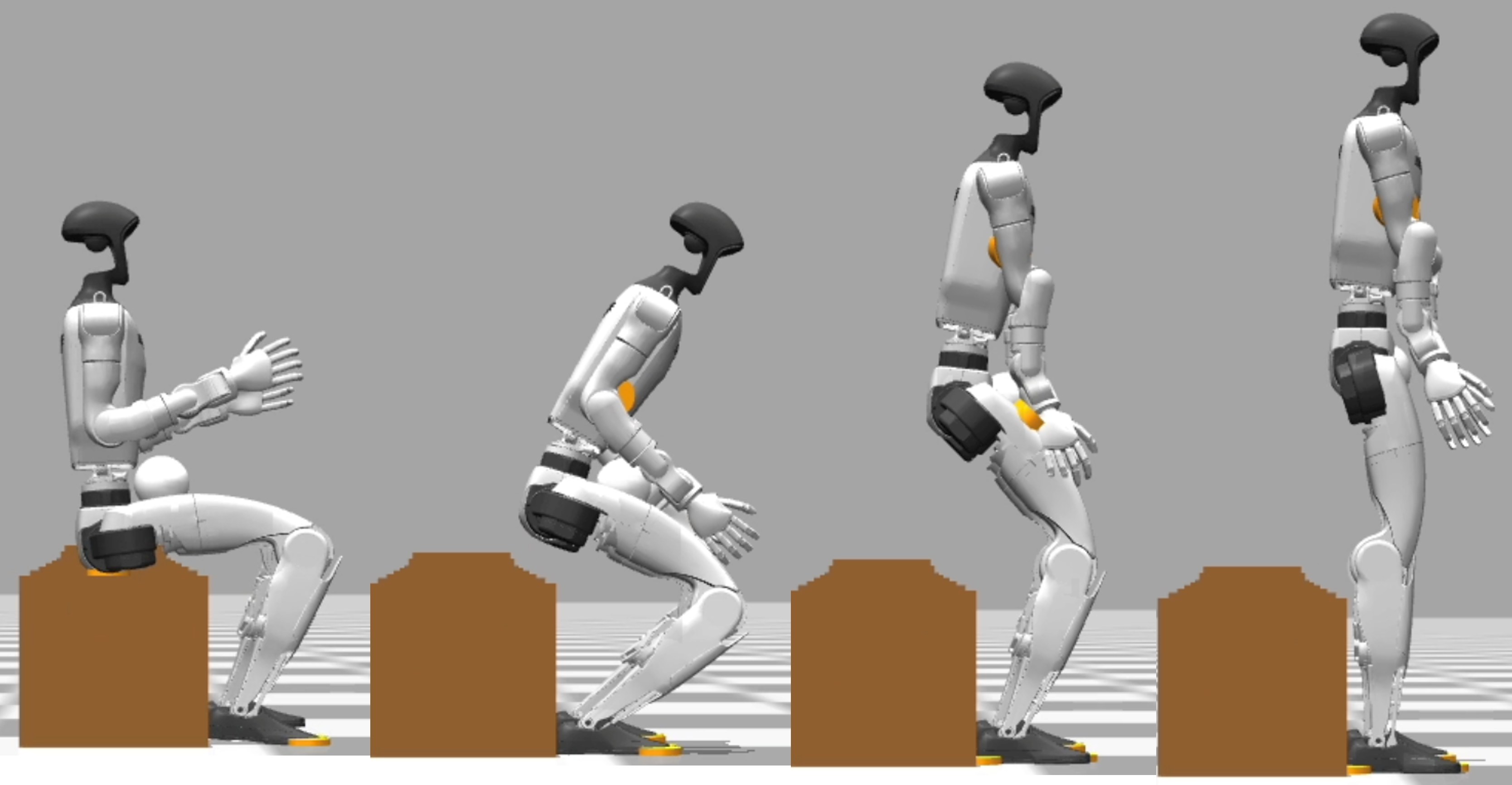 Four-frame simulation of a Unitree G1 rising from a brown chair to standing