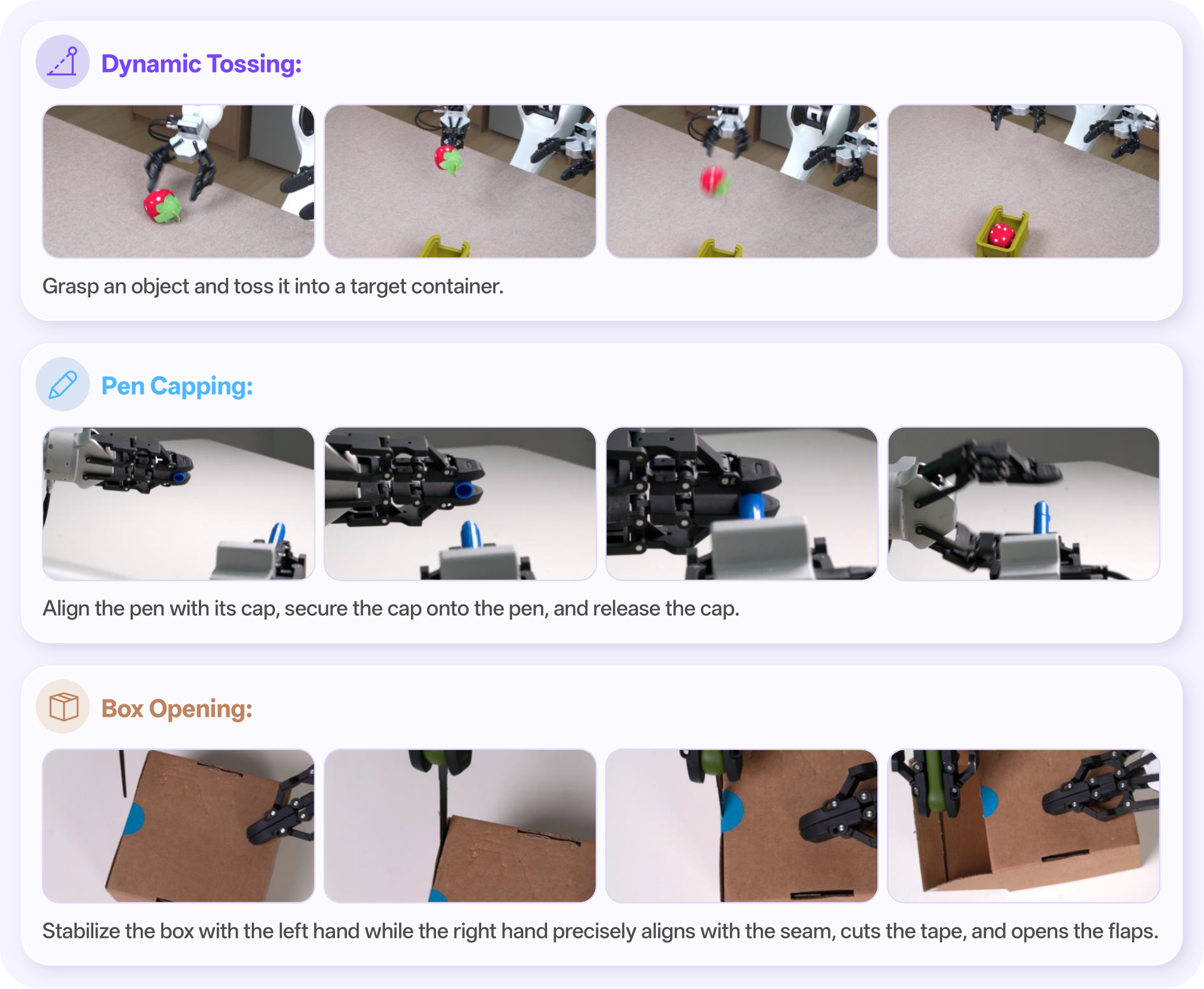 Three SmoothRL tasks: tossing a toy into a bin, capping a pen, and cutting open a cardboard box