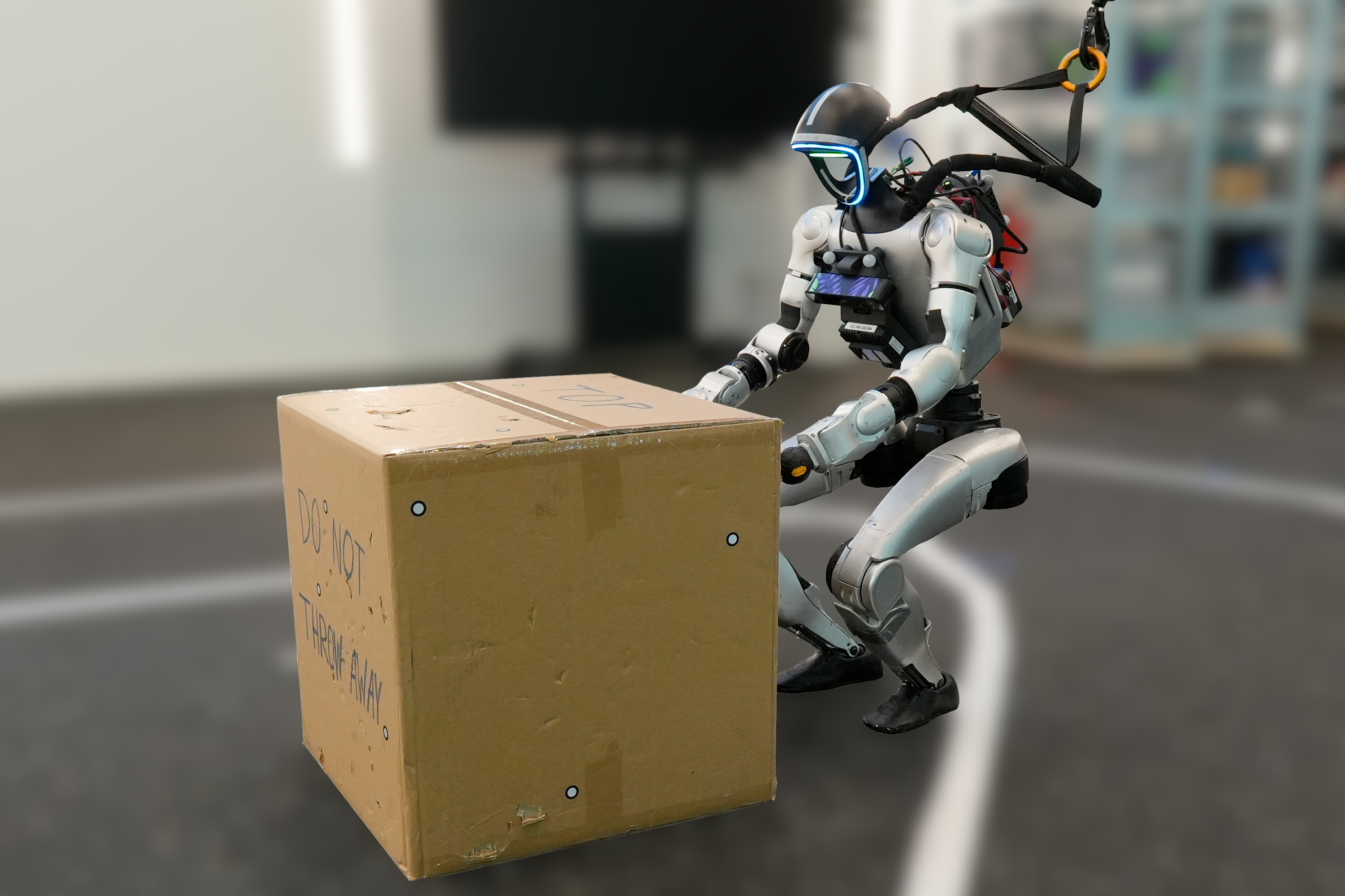 Unitree G1 humanoid pushing a cardboard box labeled do not throw away