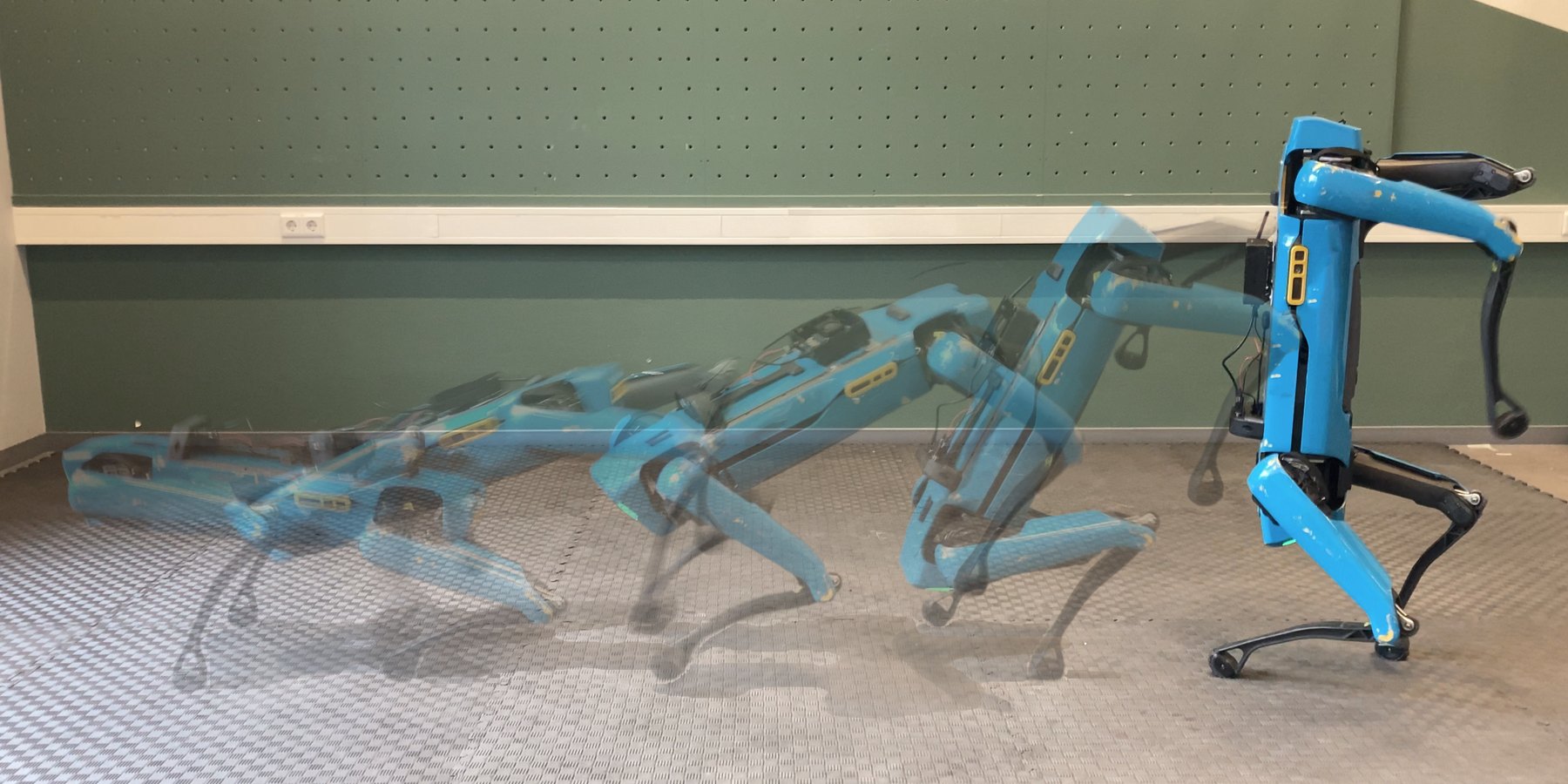 Blue Boston Dynamics Spot tipping from four legs into a front-leg handstand