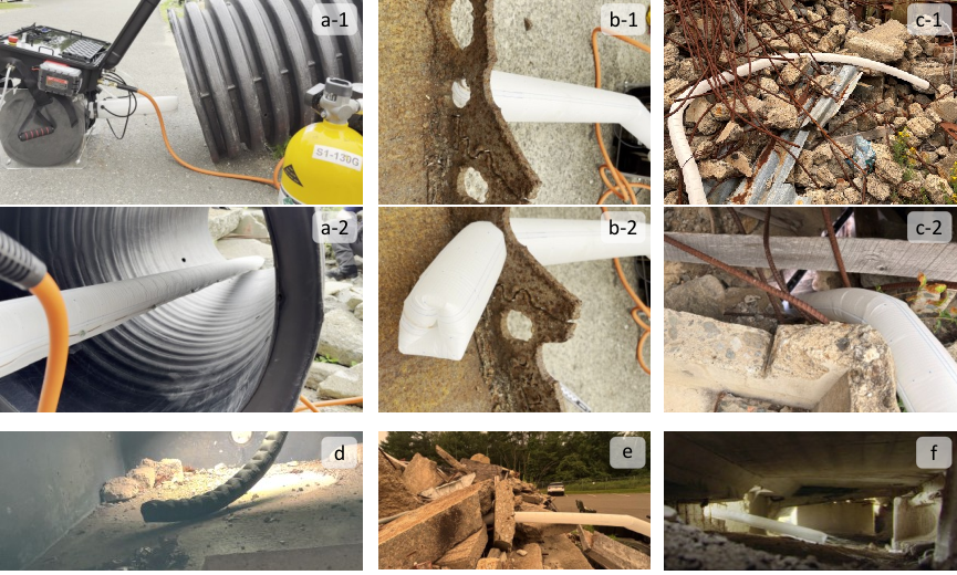 Photo grid of a white vine robot growing through a culvert, a small hole in steel plate, rebar, and rubble voids