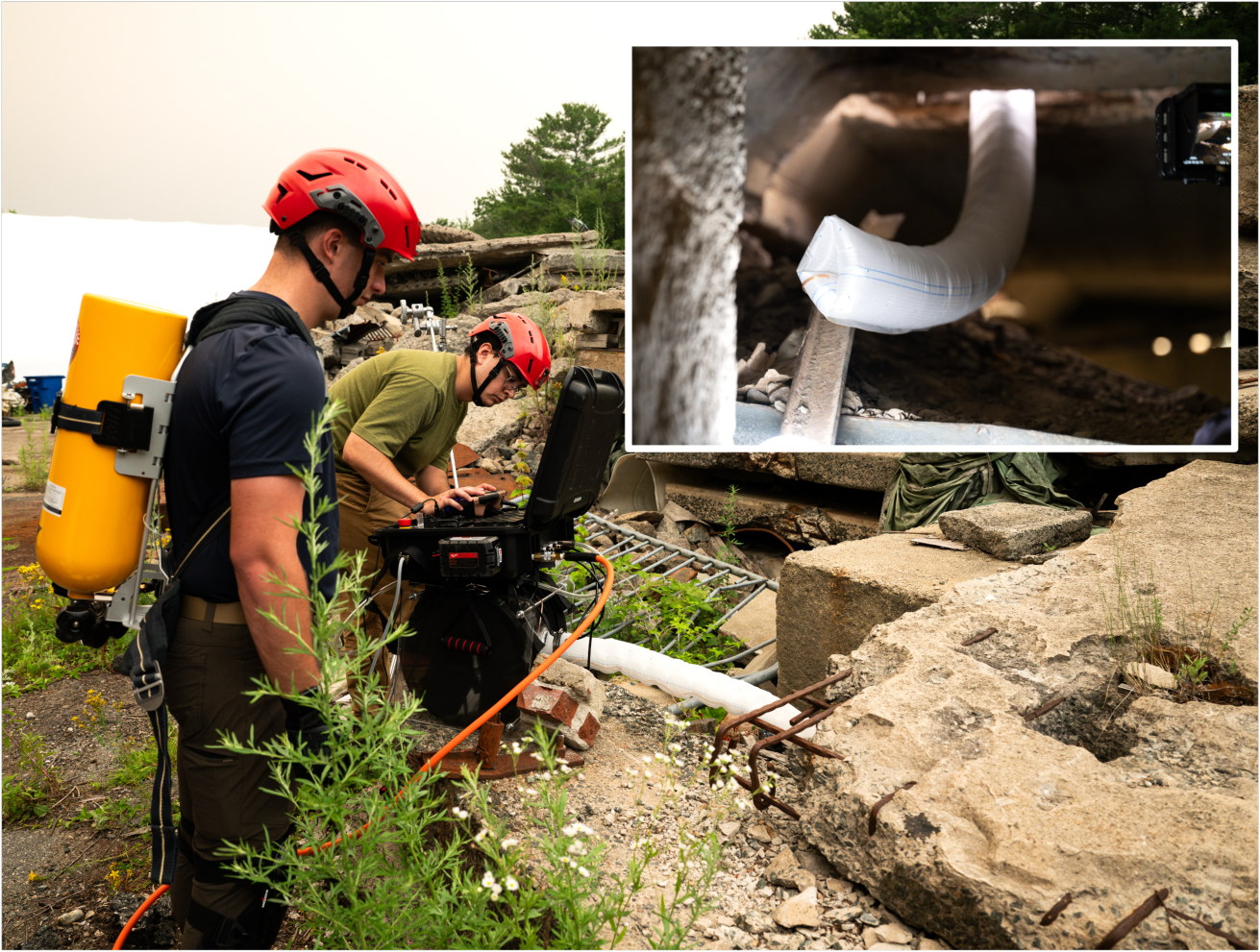 Two helmeted operators at a rubble pile with a yellow SCBA tank; inset shows a white fabric vine turning through a void