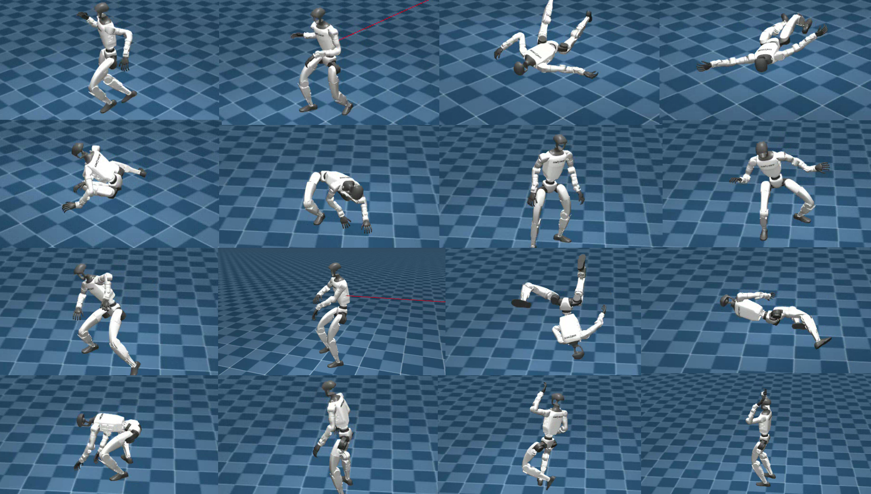 Simulation grid of Unitree G1 fall and get-up sequences