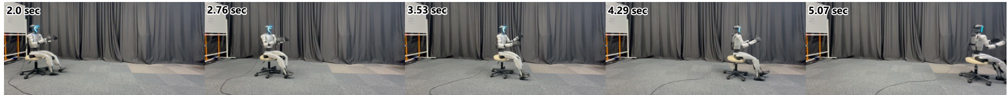Five-frame sequence of a G1 seated on a caster chair scooting forward across a lab floor