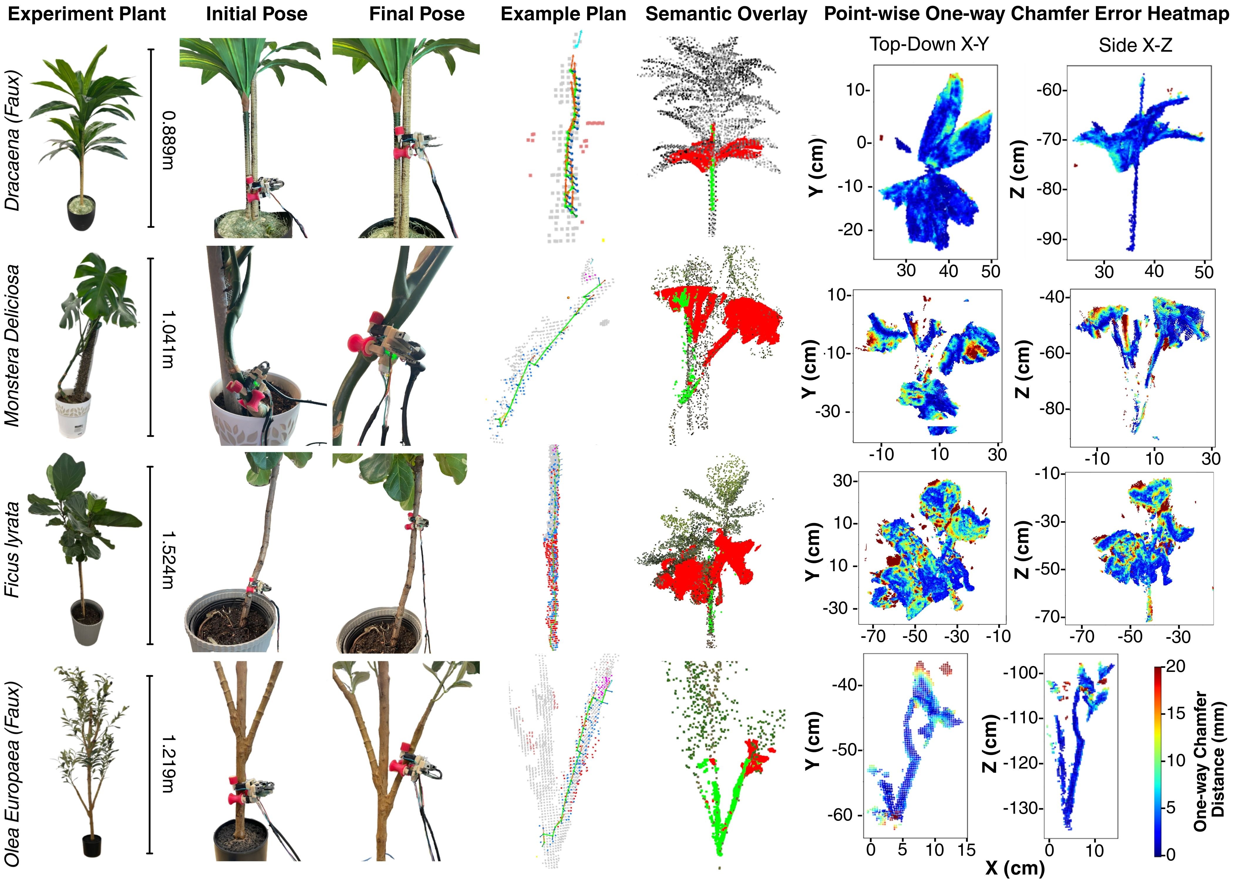 Four plant trials with maps and Chamfer error heatmaps