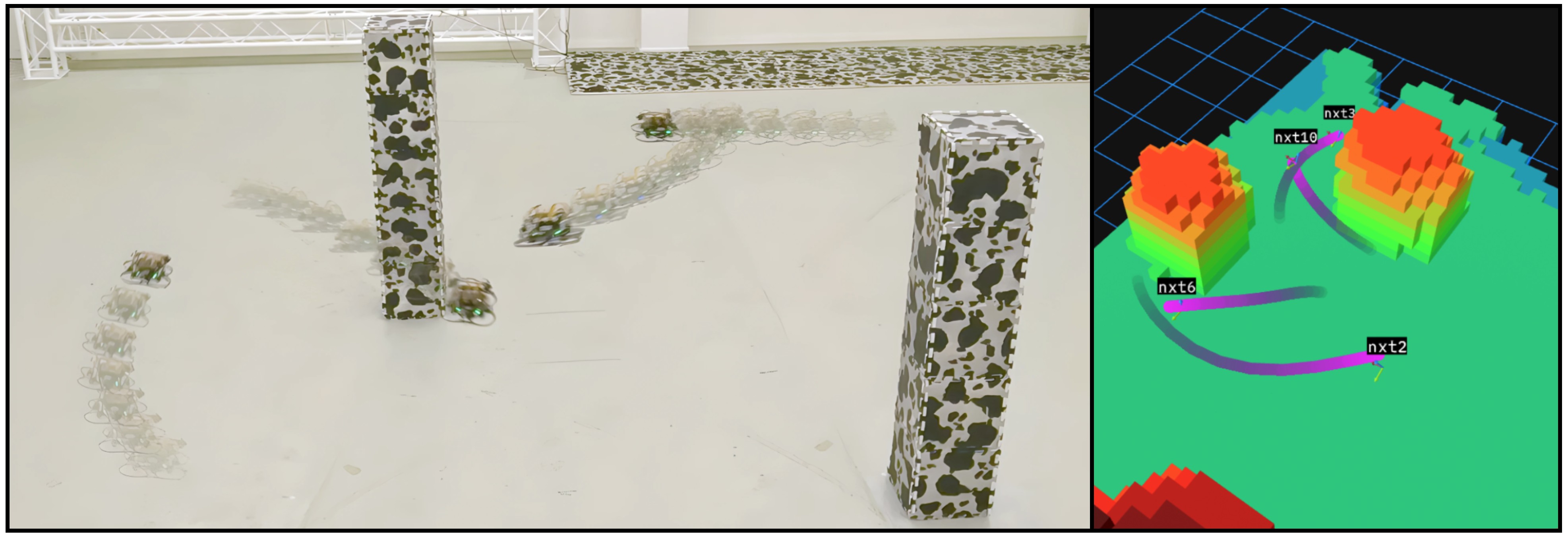 Four drones weaving around camouflage pillars with occupancy-grid overlay