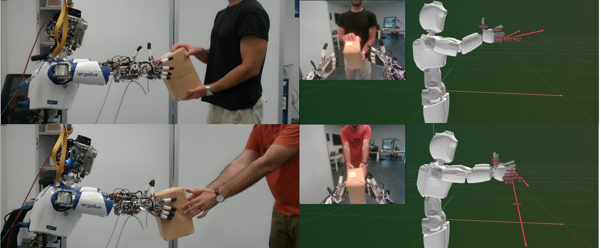 ergoCub handing a brown box to a person, with force overlays in simulation
