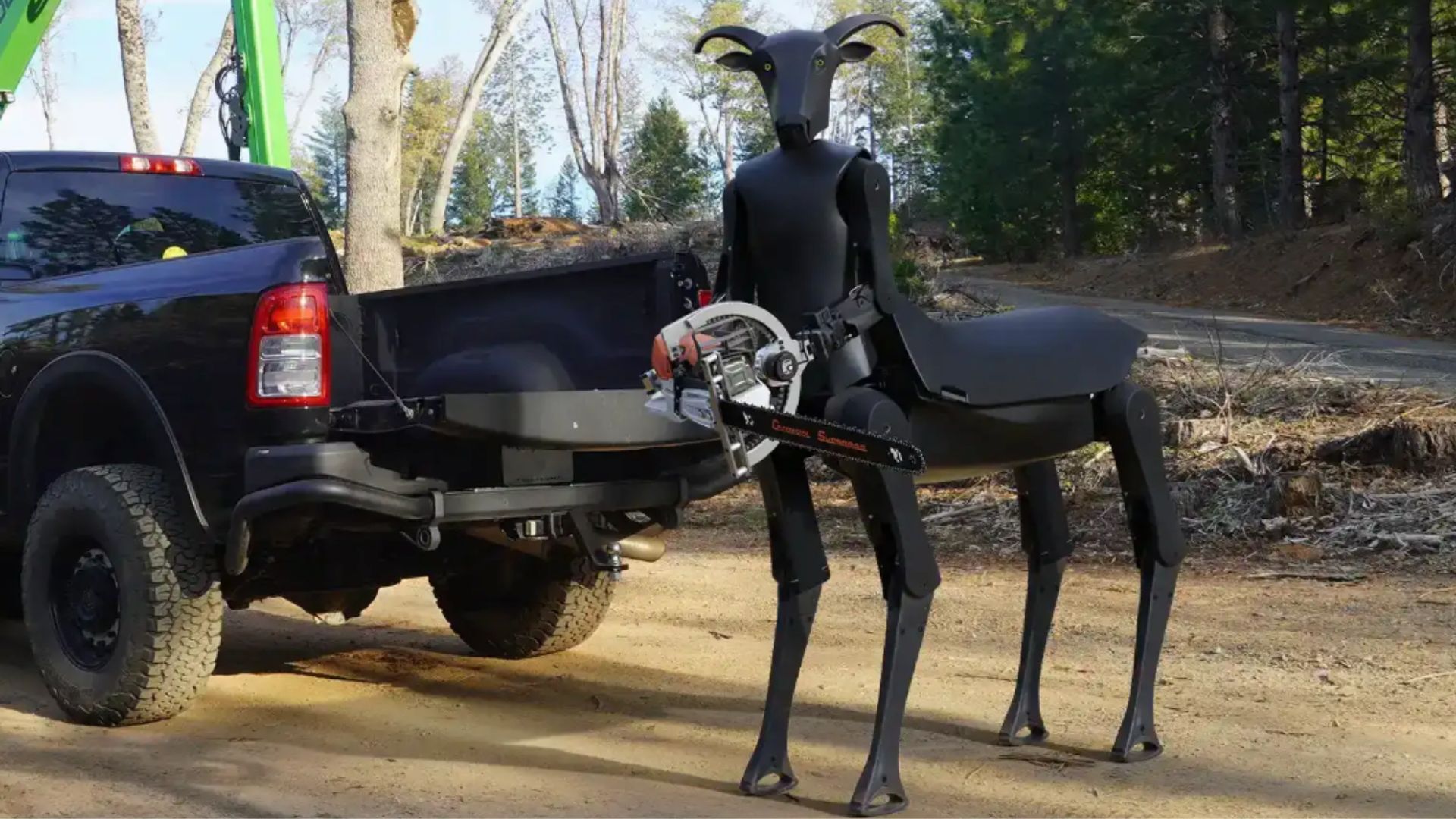 Threehalves centaur-style robot outdoors with modular saw tool