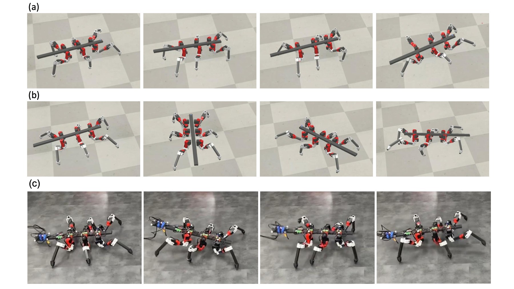 Grid of RedMirror walking in simulation and on the real floor, including a missing-leg sequence
