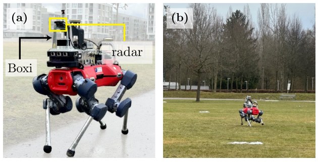 ANYmal quadruped with Boxi sensor payload, radar labeled, plus the same robot walking in a park
