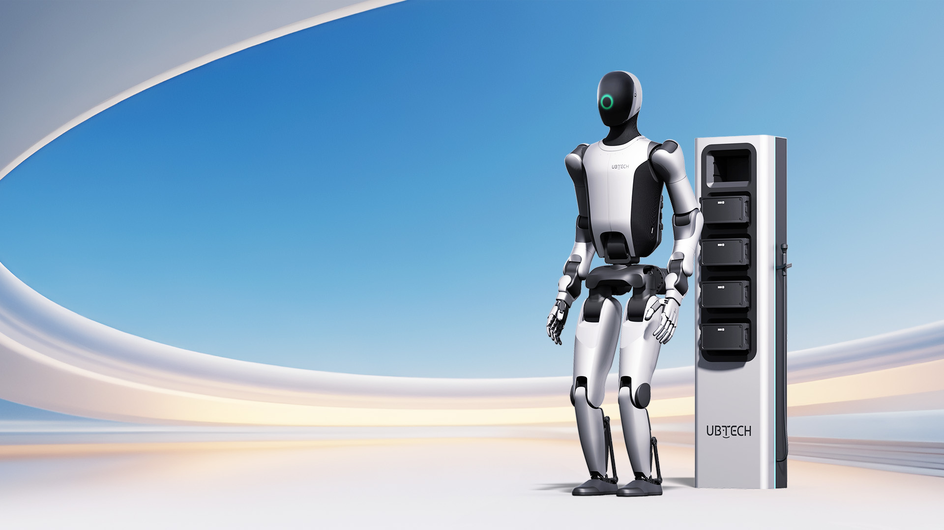 UBTECH Walker S2 standing beside a four-slot battery swap station