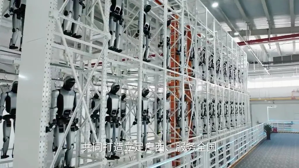 Rows of silver-and-black Walker S humanoids stored in a white high-bay warehouse rack