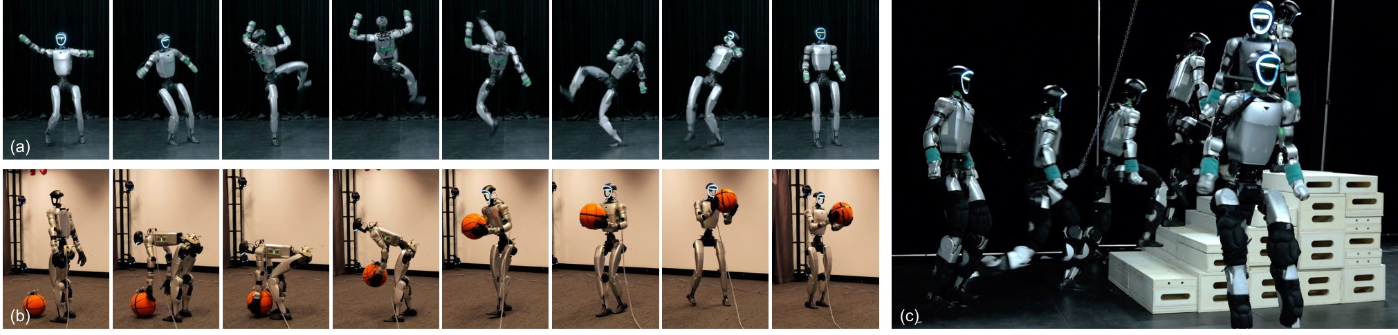 Unitree G1 spin kick, basketball pickup, and stair sequence from UMR references