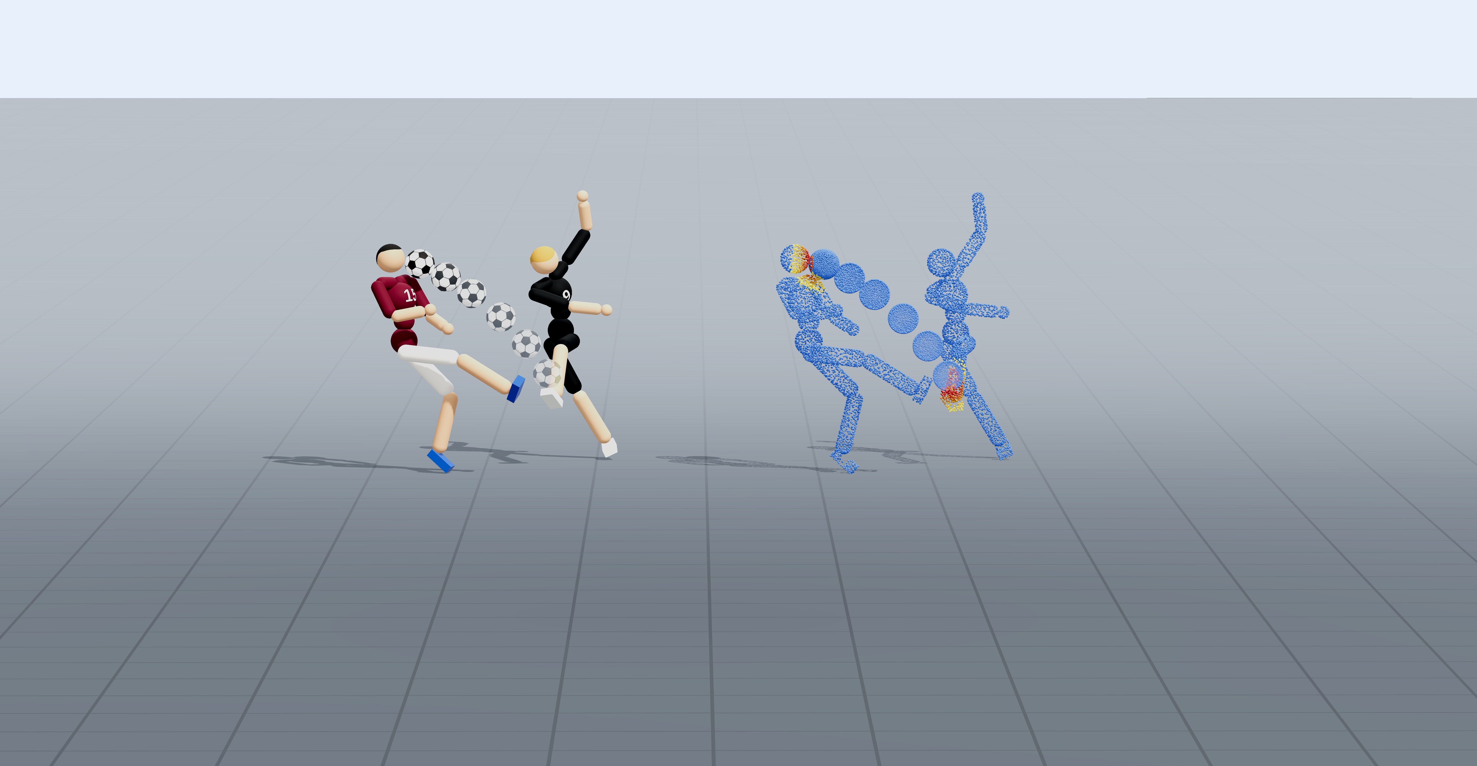 Human soccer kick meshes next to G1 meshes and contact-colored point clouds