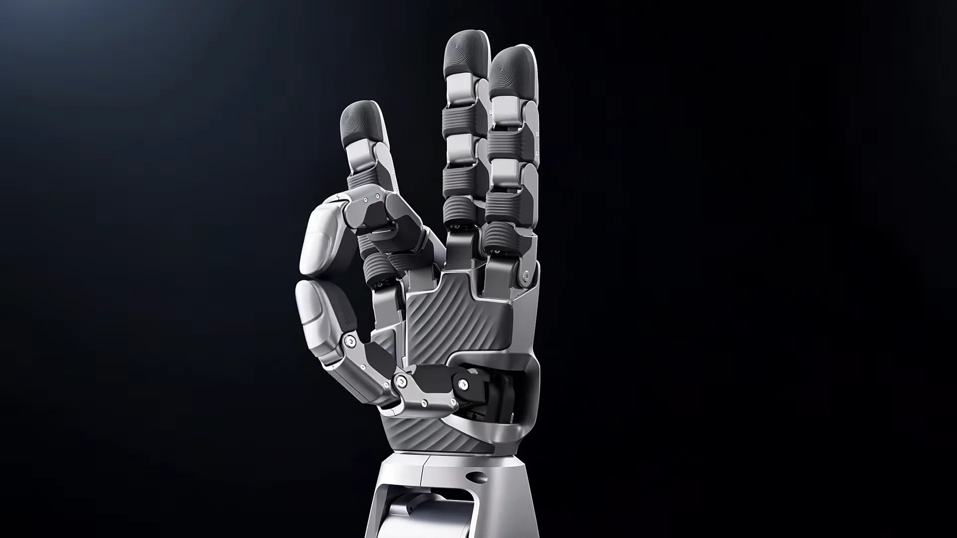 Unitree Dex5-S product render, a silver robotic hand against black