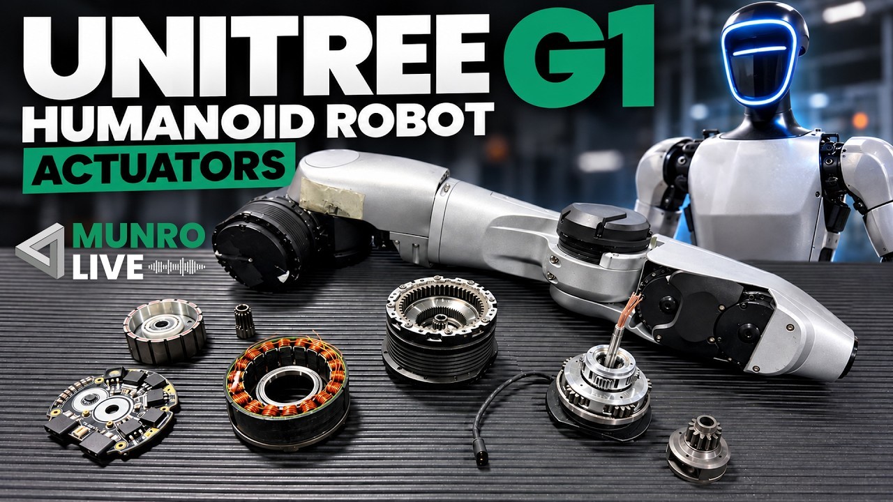 Unitree G1 arm on a bench with planetary gears, stator windings, and a motor control board laid out