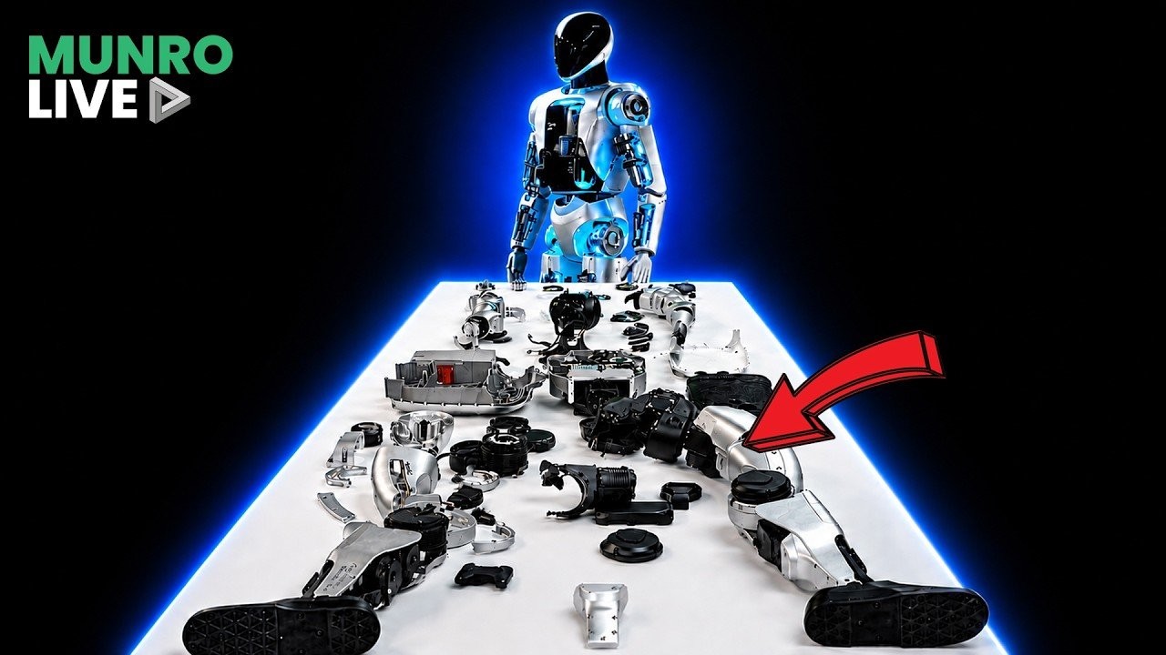 Unitree G1 standing behind an exploded layout of legs, actuators, and structural parts